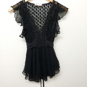 Rebecca Taylor Lace Chiffon Silk Black Blouse Size 2